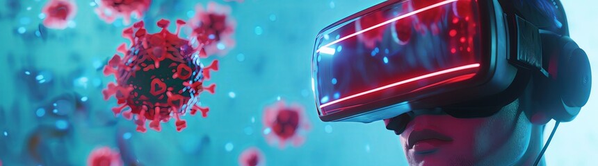 3D rendering of the concept that medical technology is used to monitor and track people's health, using VR glasses to provide a perspective view with a red color digital display showing an extreme clo