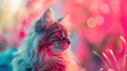 cute fluffy fir funny cat pet portrait with pink blue light play studio shot