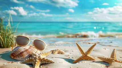Wall Mural - a sunglasses and a starfish on a beach with the ocean in the background and a blue sky