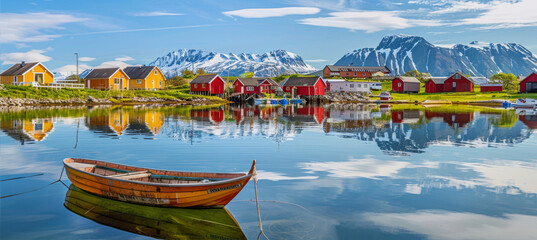 Wall Mural - Beautiful landscape with a village in the mountains, a lake and a boat
