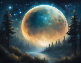 Wall Mural - Fantastic oil painting beautiful big planet moon among stars in universe.-2