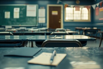 Pens and index cards on desks in empty classroom