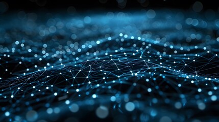 Poster - A digital network of interconnected nodes glowing in a dark space, representing data exchange, technology, and futuristic communication.