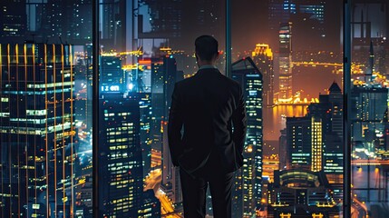 Wall Mural - Businessman standing on open roof top balcony watching city night view. Business ambition and vision concept