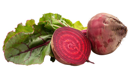 Wall Mural - Isolated beetroot One bright red BB with leaf and half on a white background