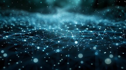 Abstract digital network connection background with glowing dots and lines in a futuristic matrix style on a dark blue gradient.