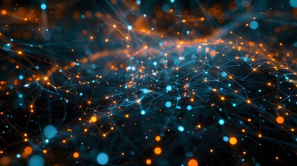 Abstract digital network with blue and orange nodes and lines. Futuristic technology concept with connected dots on dark background.