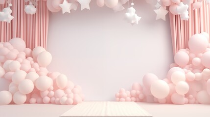 Festive stage setup with pink and white balloon decorations for a celebration event