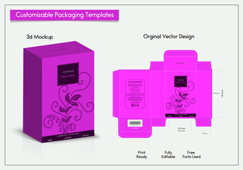 Wall Mural - Box Design templates, Box packaging die cut template design. 3d mock-up frames, for packaging, and design of Fragrance Box products. for perfume Isolated on a colorful background. vector illustration