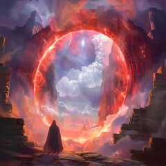 a large round mystical portal glowing with bright red energy, a hooded man standing on rocky background