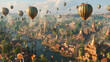 © Nano Photos - Ballooning Over BurA fantastical cityscape with hot air balloons floating above traditional pagoda-style buildings amid lush greenery and waterways, exuding an atmosphere of adventure and exploration.