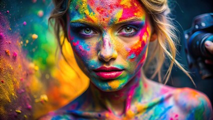 A mid-shot of a woman with colorful powder smeared on her face while posing in front of a camera 