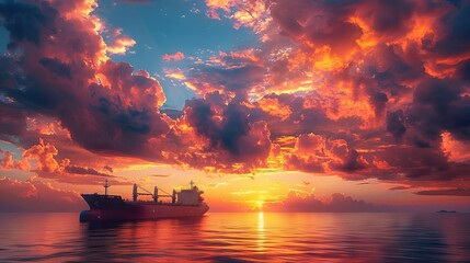 Wall Mural - A majestic cargo ship sailing into a breathtaking sunset on the open ocean