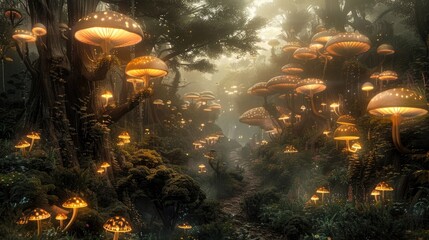 Wall Mural - A surreal forest of giant, glowing mushrooms, casting an ethereal light on the surroundings.