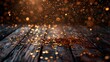 © familymedia - Golden bokeh effect of sparkling lights scattered on a dark rustic wooden surface, giving a warm, festive vibe