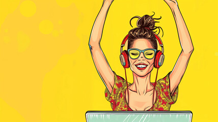 Pop art and business concept. Pop art woman with raised hands sitting in front of laptop with eyeglasses on isolated colorful background comic style. Employee who receives positive news about the job.