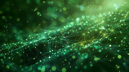 Wall Mural - Abstract green digital network background with glowing particles and connecting dots, perfect for technology or futuristic themes.