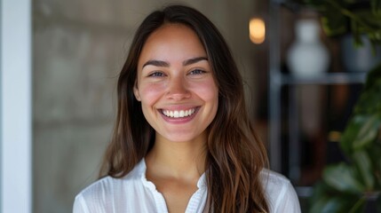 Wall Mural - A woman with long brown hair is smiling and wearing a white shirt