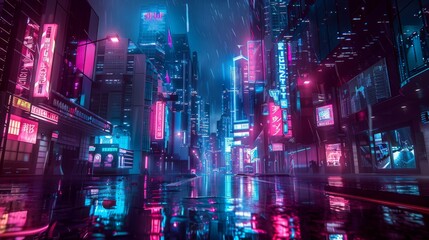 Wall Mural - Image of a futuristic cityscape with neon lights and a cyberpunk aesthetic --ar 16:9 --style raw Job ID: 73a35a52-da8e-45b0-ad8a-8e396325479d