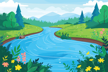 Wall Mural - Beautiful River flowing across the vast landscape of green hills, vector