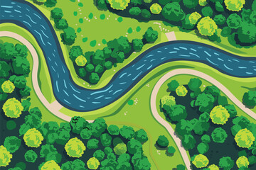 Wall Mural - Beautiful River flowing across the vast landscape of green hills, top view, vector