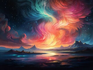 Wall Mural - Abstract auroras burst forth like cosmic fireworks, painting the night sky with mesmerizing hues