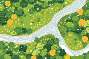 Wall Mural - Beautiful River flowing across the vast landscape of green hills, top view, vector