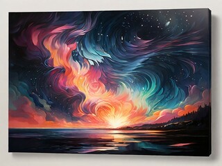 Wall Mural - Abstract auroras burst forth like cosmic fireworks, painting the night sky with mesmerizing hues