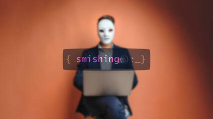 Wall Mural - Cybersecurity concept smishing on foreground screen, hacker silhouette hidden with low poly mask. Vulnerability and attack on colored code editor. Text in English, English text