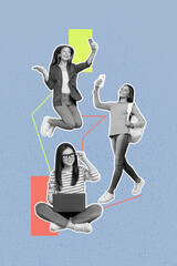 Poster - Photo comics sketch collage picture of happy smiling ladies communicating modern devices isolated graphical background