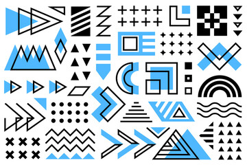 Sticker - A vivid collection of different geometric shapes, Memphis set in blue and black, arranged on a white background. The composition includes triangles, circles, squares, zigzags and other shapes.