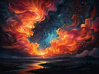 Wall Mural - Abstract auroras burst forth like cosmic fireworks, painting the night sky with mesmerizing hues