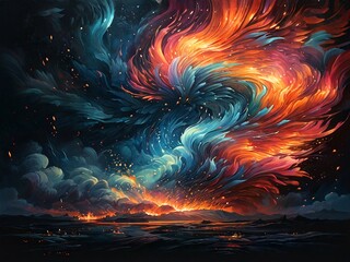 Wall Mural - Abstract auroras burst forth like cosmic fireworks, painting the night sky with mesmerizing hues