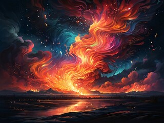 Wall Mural - Abstract auroras burst forth like cosmic fireworks, painting the night sky with mesmerizing hues