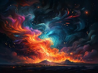 Wall Mural - Abstract auroras burst forth like cosmic fireworks, painting the night sky with mesmerizing hues