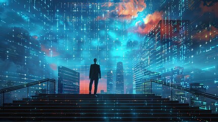 Wall Mural - Man standing on stairs looking at growing graphs in city sky