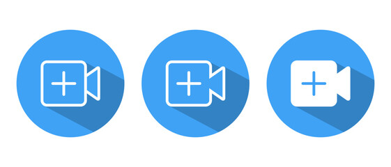 Poster - Add video icon set on long shadow. Camera and plus concept. Upload videos button