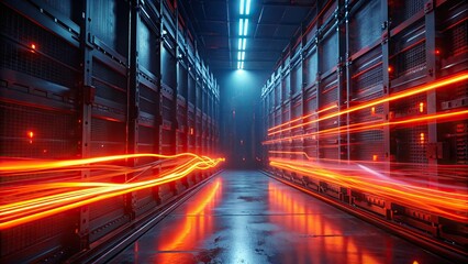 Wall Mural - Red and orange light streaks on the background of a dark rack server room