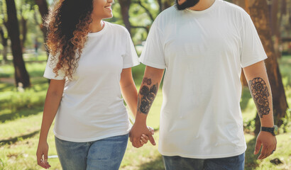 Young couple wearing blank empty white tshirt mockup for design template in the park