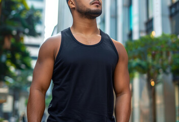 Wall Mural - Young man wearing blank empty black tank top mockup for design template in the city street