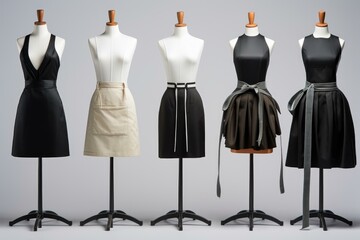 Collection of mannequins showcasing a variety of stylish dresses on a neutral background