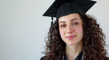 A college university graduate caucasian young girl, woman with long curly dark hair wearing a graduate black hat on a light background