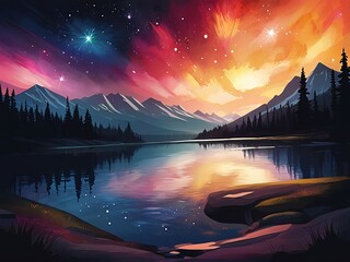 Wall Mural - Abstract auroras burst forth like cosmic fireworks, painting the night sky with mesmerizing hues
