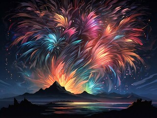 Wall Mural - Abstract auroras burst forth like cosmic fireworks, painting the night sky with mesmerizing hues