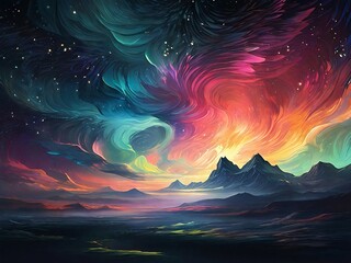 Wall Mural - Abstract auroras burst forth like cosmic fireworks, painting the night sky with mesmerizing hues