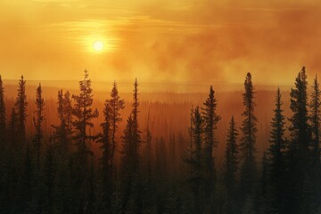 Wall Mural - Sun Setting Over Forest of Trees