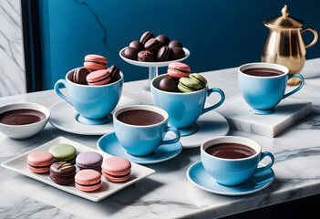 a marble table with blue cups of coffee, chocolate and plates with macarons