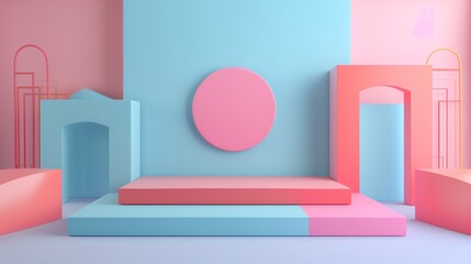 Poster - Colorful abstract geometric background with blue and pink shapes. Modern minimalist 3D rendering for presentations and creative projects.