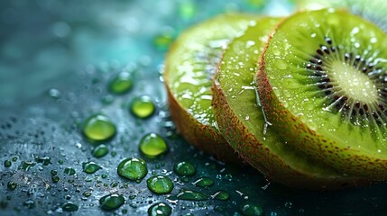 An advertisement of fresh Kiwi fruits that look delicious and nutritious, with space for text.