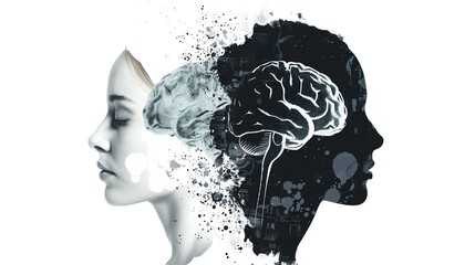 Poster - Abstract double exposure of a woman and a brain, merging art and science in a conceptual illustration representing creativity and intellect.